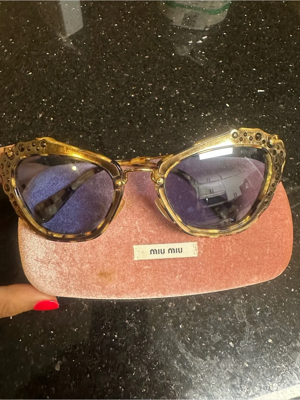 Miu Miu Gold Tortoiseshell Frame Sunglasses with Purple Lenses - Picture 1 of 6